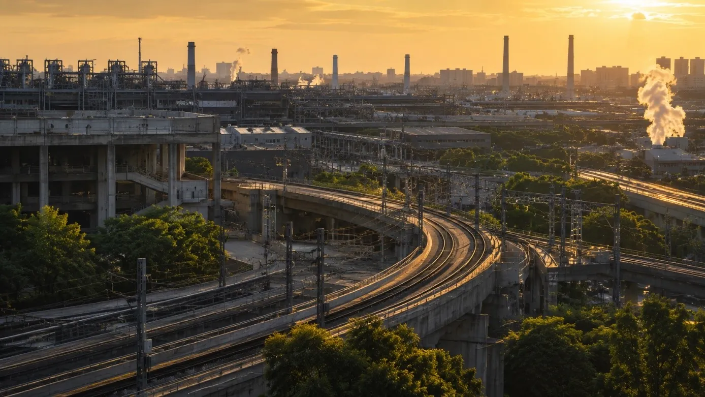 Paysage d'infrastructures ferroviaires et industrielles au couchant