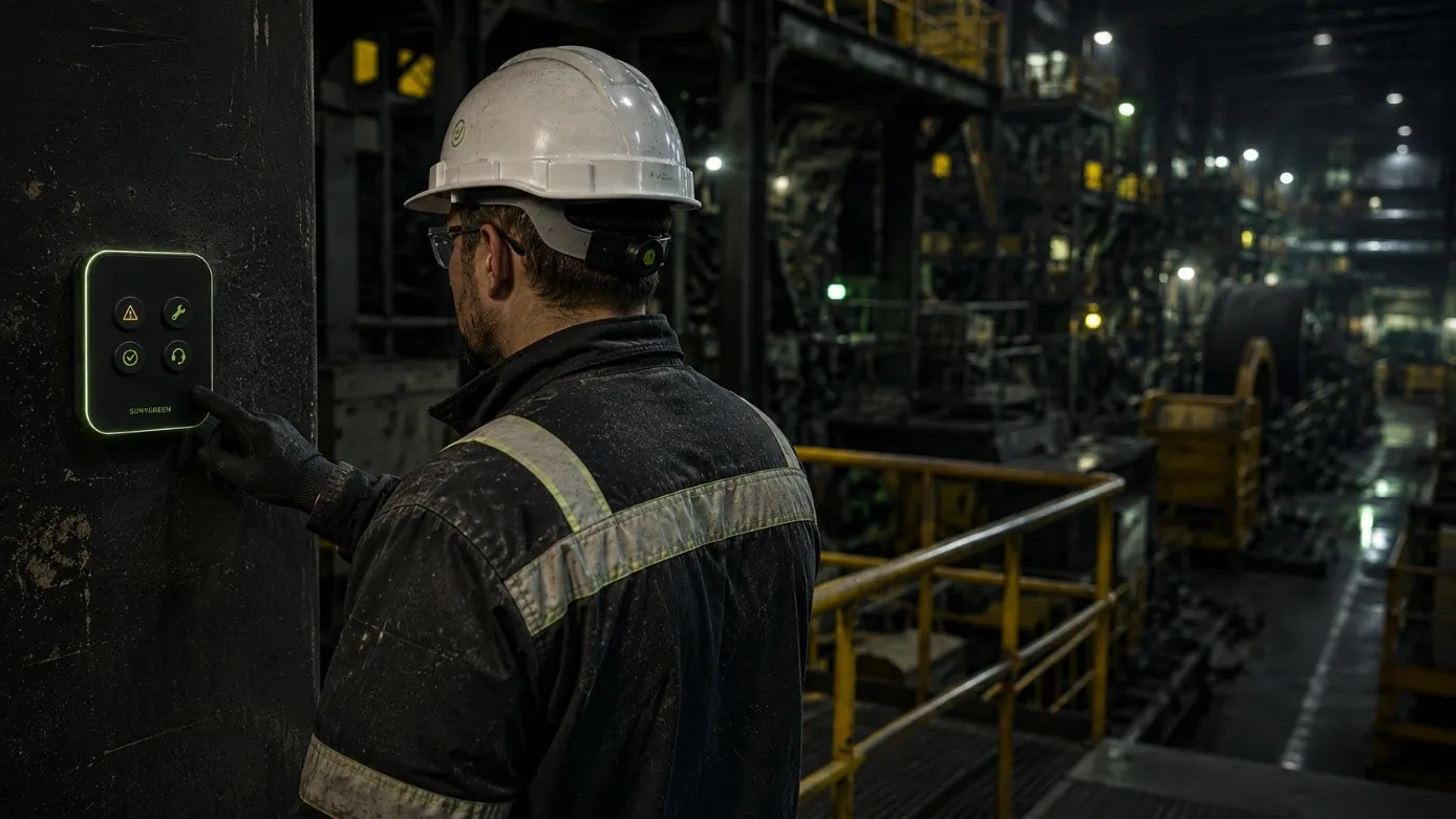 Opérateur pressant le boîtier SunyGreen dans une halle industrielle