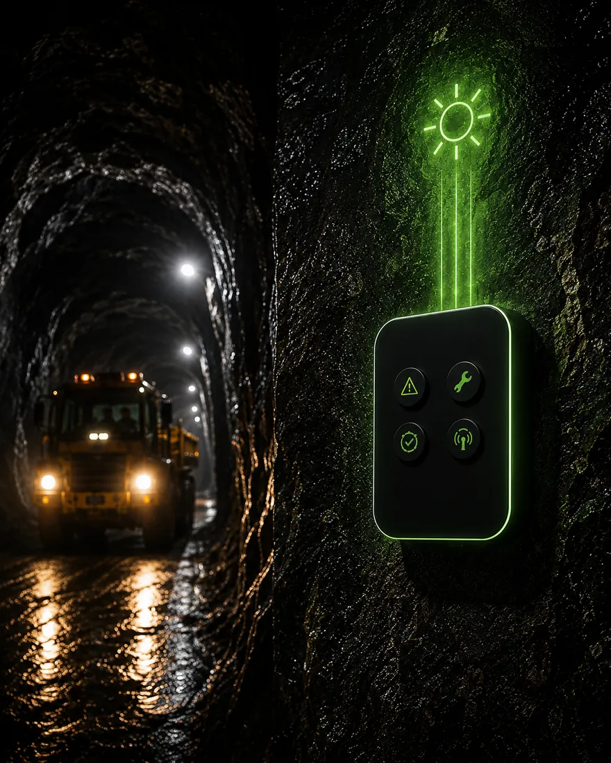 Bouton SunyGreen sur une paroi, sous un symbole de soleil qui projette un faisceau lumineux