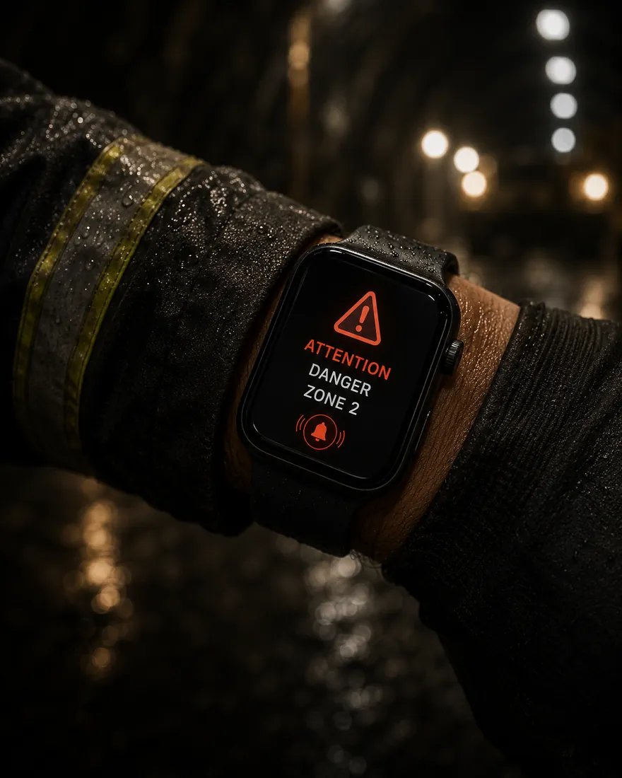 Montre connectée au poignet d'un intervenant affichant une alerte de danger en zone 2